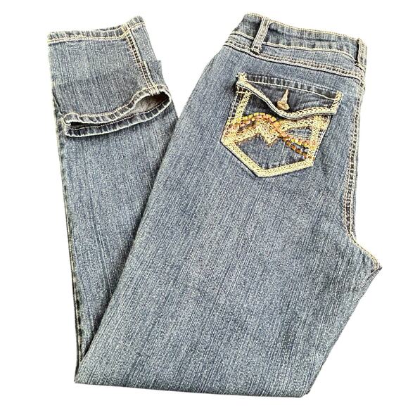 Roz & Ali Jeans Women Size 8 Blue Embroidered Pockets Y2K Mid Rise Ankle Denim - Picture 5 of 11